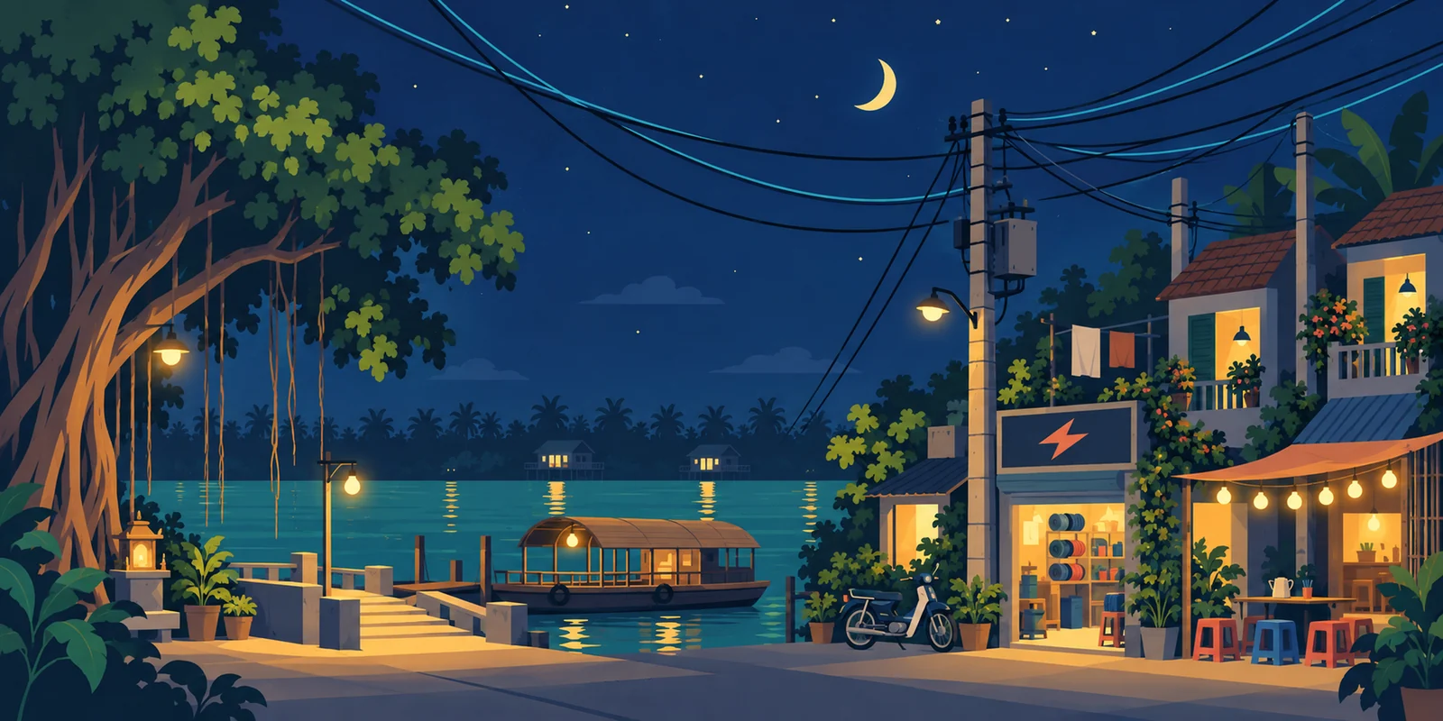 A riverside village and ferry landing lit with warm lights