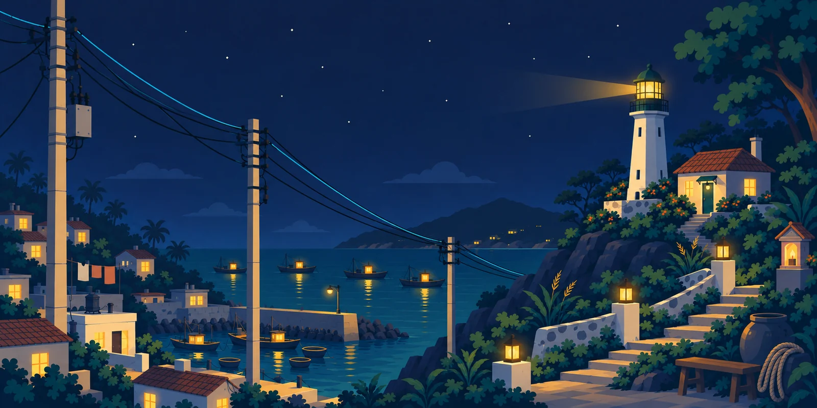 Warm lights along a coastal village leading to a lighthouse